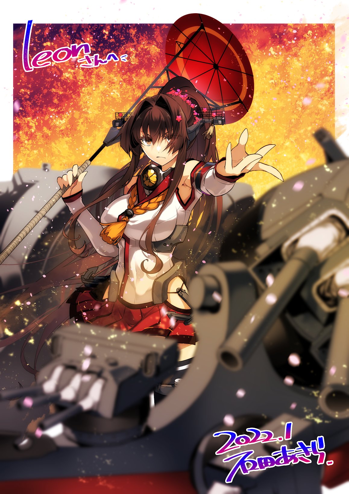 1girl anchor armband breasts brown_eyes brown_hair cannon cherry_blossoms commission detached_sleeves flower hair_flower hair_ornament headgear high_ponytail highres hip_vent ishida_akira kantai_collection large_breasts long_hair long_sleeves miniskirt oil-paper_umbrella pleated_skirt ponytail red_skirt red_umbrella rigging sakuramon second-party_source skeb_commission skirt solo turret umbrella very_long_hair white_sleeves yamato_(kancolle) z_flag