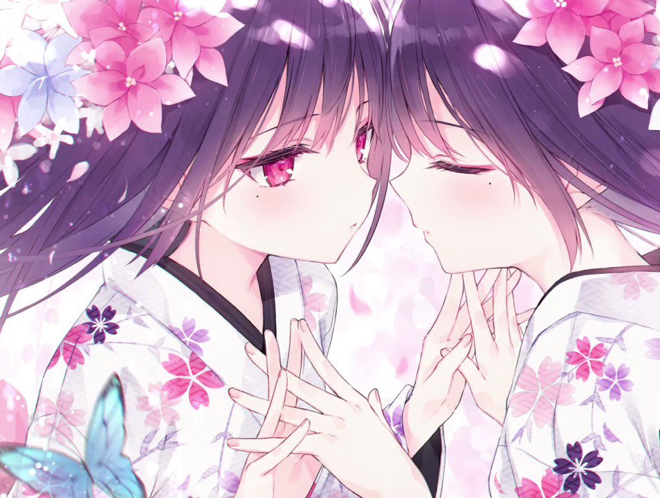 2girls absurdres alternate_hairstyle brown_eyes brown_hair dual_persona eyebrows_visible_through_hair floral_background floral_print flower furisode girls_frontline green_hair hair_flower hair_ornament happy highlights highres japanese_clothes kimono m4a1_(girls_frontline) multicolored_hair rsilise signature solo