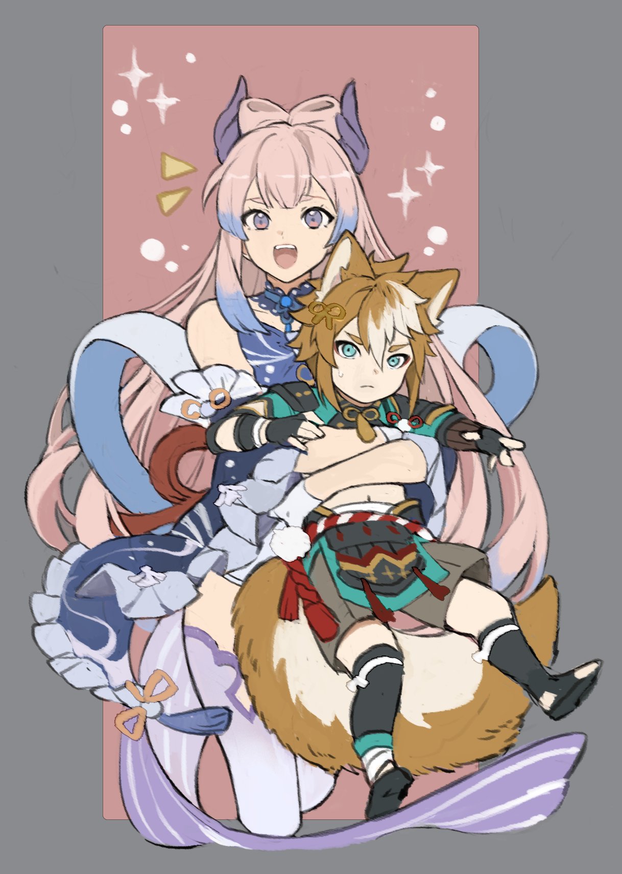 1boy 1girl animal_ears bangs black_gloves black_legwear blue_hair bow brown_hair carrying child closed_mouth detached_sleeves dog_boy dog_ears dog_tail fingerless_gloves genshin_impact gloves gorou_(genshin_impact) hair_ornament highres horns japanese_clothes long_hair multicolored_hair notice_lines open_mouth papajay_(jennygin2) pink_hair purple_legwear sangonomiya_kokomi simple_background sparkle streaked_hair sweat symbol-only_commentary tail tassel thigh-highs very_long_hair white_hair younger