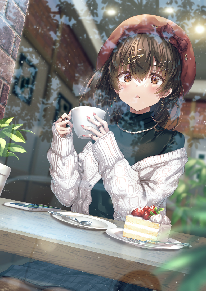 1girl bangs blue_skirt blue_sweater blush brown_eyes brown_hair cable_knit cake cake_slice cardigan cellphone commentary cup dutch_angle earrings english_commentary food fork fruit hair_between_eyes hair_ornament hairclip hat hirokazu_(analysis-depth) holding holding_cup indoors jewelry looking_at_viewer multiple_rings necklace off_shoulder open_cardigan open_clothes original parted_lips phone plaid plaid_skirt plant plate potted_plant red_headwear red_nails ring skirt smartphone solo spoon strawberry sweater thigh-highs turtleneck turtleneck_sweater white_cardigan