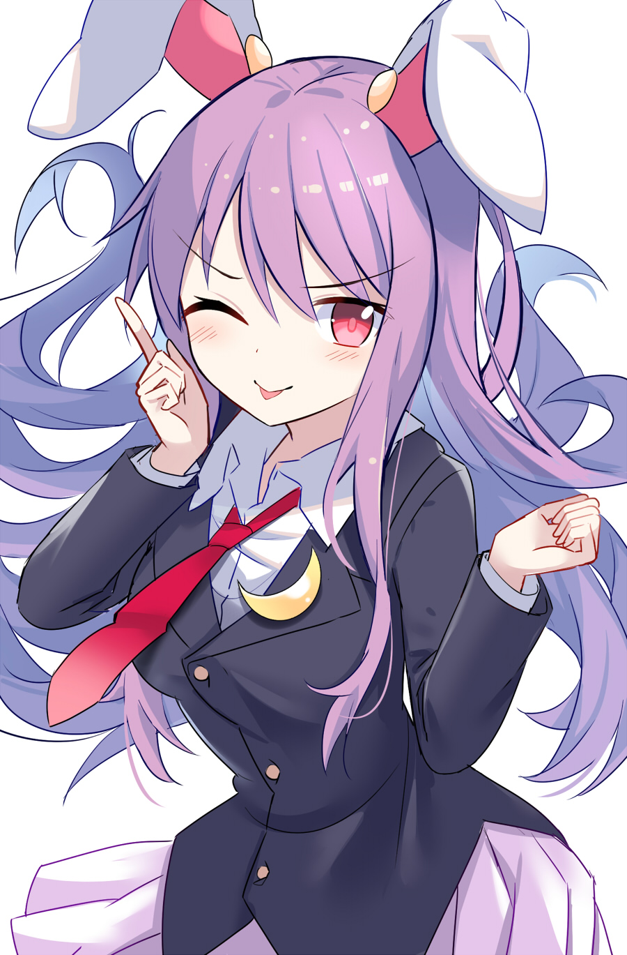 1girl animal_ears blazer blush buttons closed_mouth crescent crescent_pin e.o. eyebrows_visible_through_hair hair_between_eyes highres jacket long_hair long_sleeves necktie one_eye_closed pleated_skirt purple_hair purple_skirt rabbit_ears red_eyes red_necktie reisen_udongein_inaba simple_background skirt smile solo tongue tongue_out touhou upper_body white_background