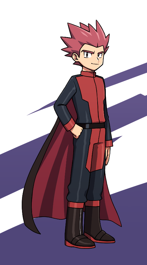 1boy aya_(ryou0327) belt black_belt black_cape black_footwear boots cape closed_mouth commentary_request full_body hand_on_hip jacket lance_(pokemon) long_sleeves looking_at_viewer male_focus pants pokemon pokemon_(game) pokemon_frlg redhead short_hair smile solo spiky_hair standing two-tone_background