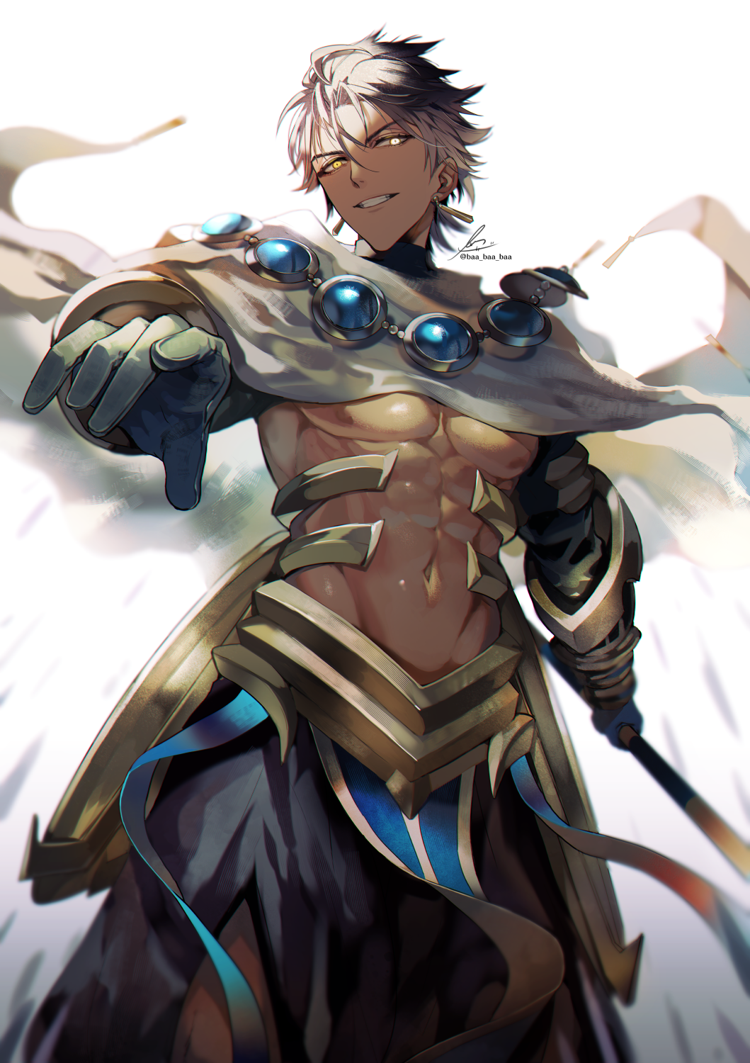 1boy abs ahoge bangs bare_pectorals black_gloves brown_hair cape dark-skinned_male dark_skin earrings egyptian fate/grand_order fate/prototype fate/prototype:_fragments_of_blue_and_silver fate_(series) feet_out_of_frame gauntlets gloves highres holding holding_staff jewelry looking_at_viewer male_focus ozymandias_(fate) pectorals sakura_hitsuji short_hair shrug_(clothing) signature simple_background solo staff toned toned_male topless topless_male twitter_username white_background white_cape yellow_eyes