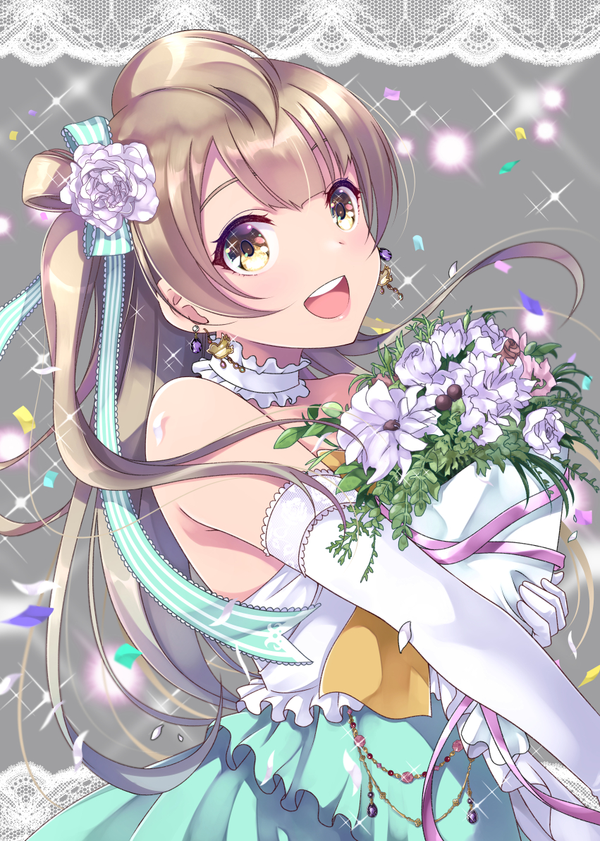 1girl :d aqua_bow aqua_dress bangs bouquet bow brown_hair choker dress earrings elbow_gloves floating_hair flower gloves grey_background hair_bow hair_flower hair_ornament holding holding_bouquet inui_sekihiko jewelry layered_dress long_hair looking_at_viewer love_live! love_live!_school_idol_project minami_kotori shiny shiny_hair side_ponytail sleeveless sleeveless_dress smile solo sparkle standing strapless strapless_dress striped striped_bow two-tone_dress very_long_hair white_choker white_dress white_flower white_gloves yellow_eyes