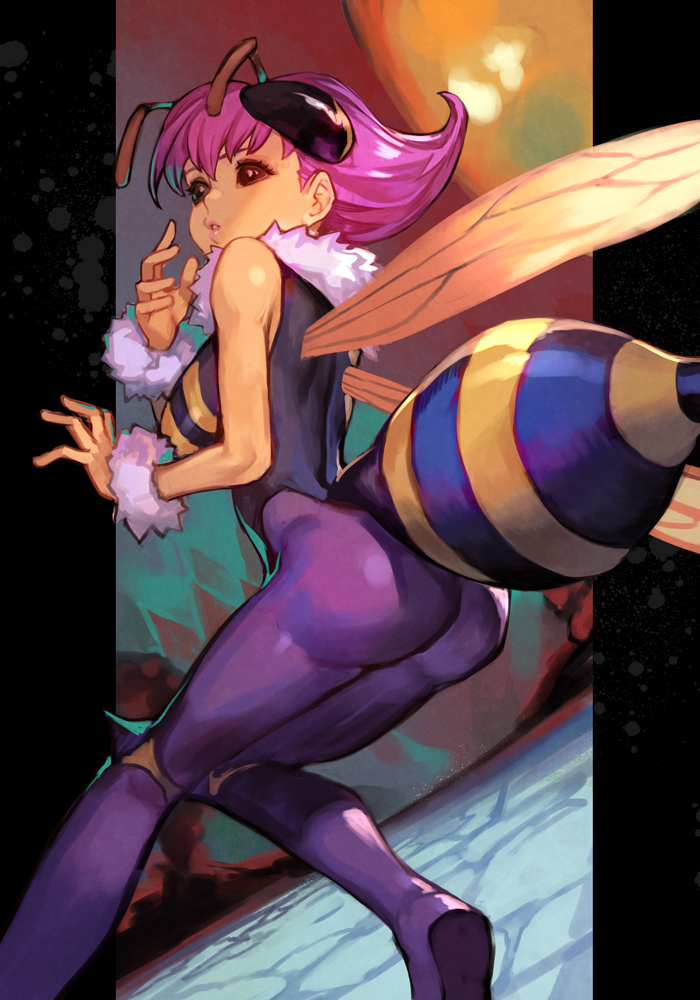 1girl antennae arthropod_girl bee_girl bodysuit breasts compound_eyes from_behind fur_collar fur_cuffs hankuri insect_wings knee_spikes light_purple_hair looking_at_viewer q-bee short_hair sleeveless solo spikes stinger vampire_(game) wings