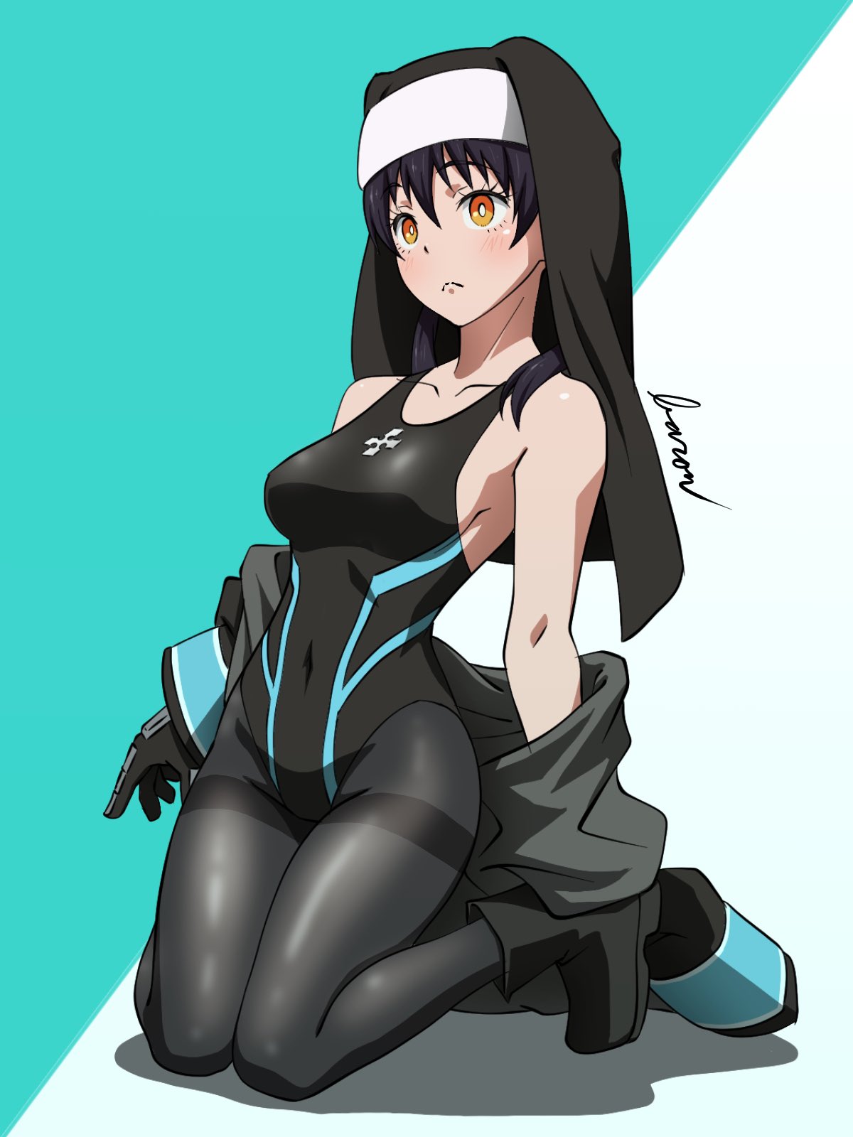 1girl artist_name bangs baron_(varon666) black_coat black_footwear black_gloves black_hair black_headwear black_legwear black_leotard blush boots breasts bright_pupils closed_mouth coat commentary_request covered_navel emblem en'en_no_shouboutai firefighter frown full_body gloves habit highres kneeling legs leotard long_hair long_sleeves looking_to_the_side medium_breasts off_shoulder orange_eyes pantyhose shadow signature solo tamaki_kotatsu thighband_pantyhose white_pupils