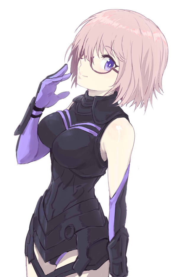 1girl armor armored_dress bare_shoulders breasts elbow_gloves eyebrows_visible_through_hair fate/grand_order fate_(series) gloves lavender_e lavender_hair looking_at_viewer mash_kyrielight medium_breasts muzy_zero purple_gloves shield shielder_(fate/grand_order) short_hair smile solo thigh-highs thighs type-moon violet_eyes