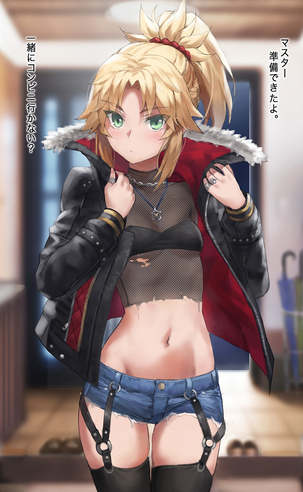 1girl bangs blonde_hair blush braid breasts commentary_request cutoffs fate/apocrypha fate_(series) french_braid green_eyes hair_ornament hair_scrunchie highres long_hair long_sleeves looking_at_viewer mordred_(fate) mordred_(fate/apocrypha) parted_bangs ponytail revision ribs scrunchie sidelocks small_breasts solo tonee translation_request