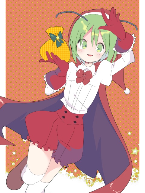 1girl adapted_costume androgynous antennae bag bangs blush cape christmas collared_shirt commentary dutch_angle eyebrows_visible_through_hair flat_chest foot_out_of_frame foot_up frilled_gloves frilled_shorts frills gloves green_eyes green_hair hat holding holding_bag kari_(atsuki_565) looking_at_viewer open_mouth orange_background polka_dot polka_dot_background red_cape red_gloves red_shorts santa_hat shirt short_hair shorts smile socks solo touhou white_legwear white_shirt wriggle_nightbug