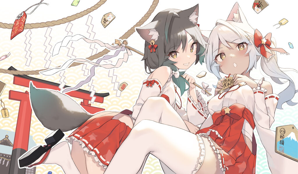 2girls animal_ear_fluff animal_ears bangs black_hair detached_sleeves hakama hakama_skirt hip_vent japanese_clothes long_hair looking_at_viewer miko multiple_girls original red_hakama ribbon-trimmed_sleeves ribbon_trim sandals skirt tail tennohi thigh-highs torii white_hair white_legwear yellow_eyes