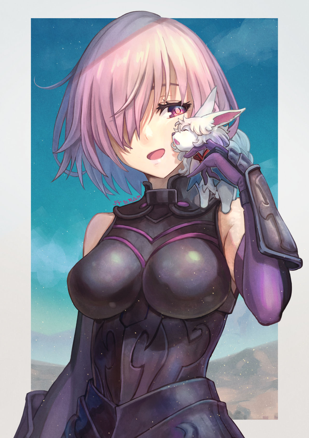 1girl 39raigarage animal_ears armor bare_shoulders black_armor black_gloves breastplate closed_mouth clouds cloudy_sky commentary_request elbow_gloves eyebrows_visible_through_hair eyes_visible_through_hair fate/grand_order fate_(series) fou_(fate/grand_order) gloves grass hair_over_one_eye highres holding holding_shield holding_weapon light_purple_hair looking_at_viewer mash_kyrielight mountain out_of_frame outdoors pov purple_eyes purple_gloves shield shielder_(fate/grand_order) short_hair two-tone_gloves weapon