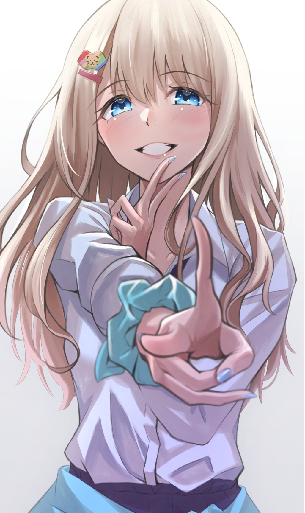 1girl aqua_scrunchie blonde_hair blue_eyes blue_nails clenched_teeth eyebrows_visible_through_hair gradient gradient_background grey_background hair_ornament highres idolmaster idolmaster_shiny_colors long_hair looking_at_viewer nail_polish scrunchie serizawa_asahi shirt smile solo teeth white_background white_shirt wrist_scrunchie yoshimoto_(carpsukidayo)