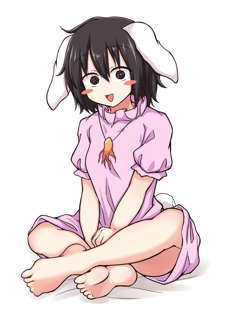 1girl animal_ears bangs barefoot black_eyes black_hair blush_stickers breasts commentary_request cookie_(touhou) dress eyebrows_visible_through_hair floppy_ears full_body hair_between_eyes highres inaba_tewi jun_(cookie) looking_at_viewer nb_mgnorkr open_mouth pink_dress puffy_short_sleeves puffy_sleeves rabbit_ears rabbit_tail ribbon-trimmed_dress short_hair short_sleeves simple_background sitting small_breasts smile solo tail touhou white_background