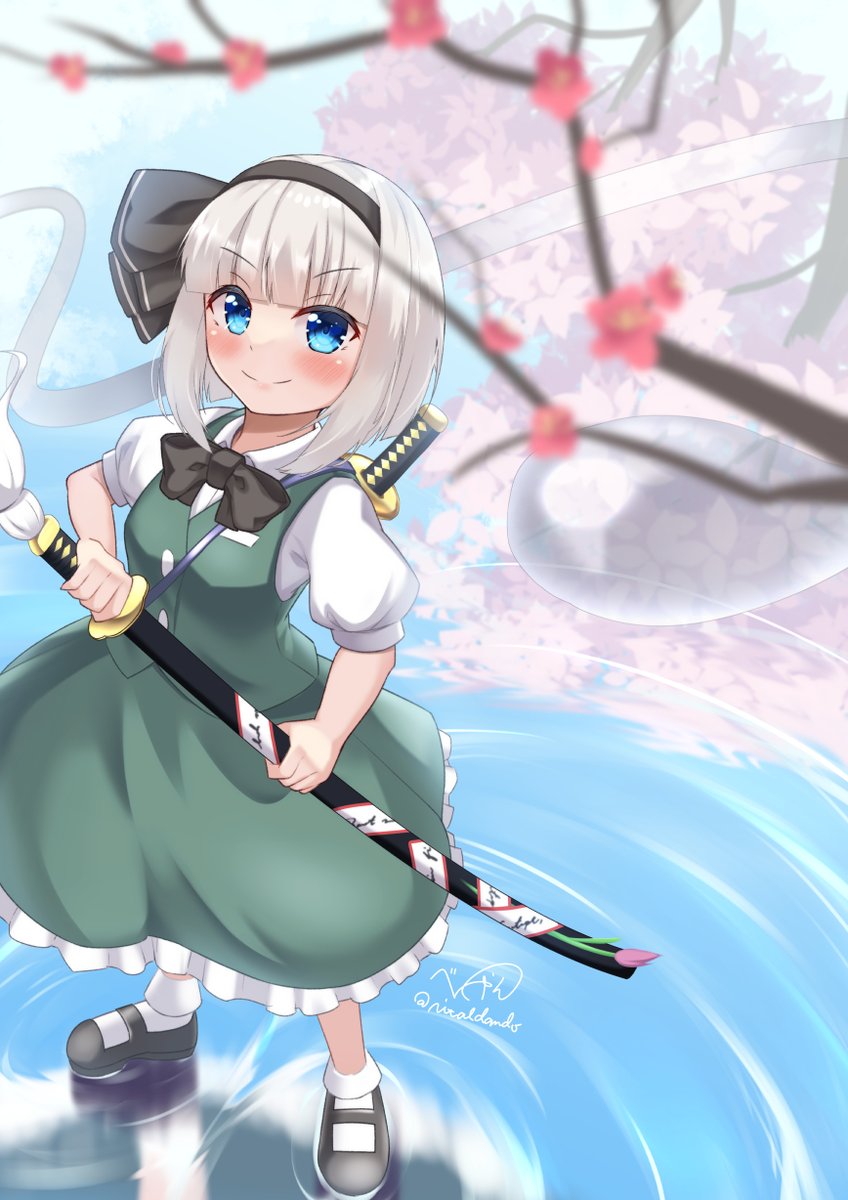 1girl artist_name bangs blue_eyes blue_sky blurry blush bow bowtie branch breasts buttons cherry_blossoms closed_mouth collar collared_shirt dress eyebrows_visible_through_hair flower ghost green_dress grey_bow grey_bowtie grey_footwear grey_hair grey_hairband hairband hand_up highres hitodama katana konpaku_youmu konpaku_youmu_(ghost) lake looking_at_viewer medium_breasts pink_flower puffy_short_sleeves puffy_sleeves reflection rital shirt shoes short_hair short_sleeves signature sky smile socks solo standing sword touhou tree water weapon white_legwear white_shirt