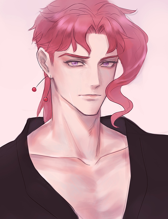 1boy black_shirt collarbone earrings expressionless jewelry jojo_no_kimyou_na_bouken kakyoin_noriaki kankito male_focus pink_hair portrait redhead shirt solo stardust_crusaders v-neck violet_eyes