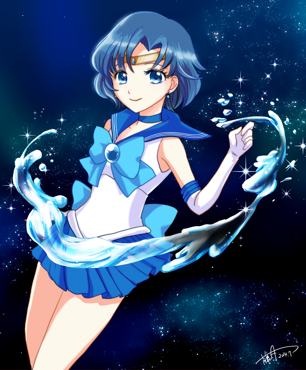 1girl back_bow bangs bishoujo_senshi_sailor_moon blue_bow blue_choker blue_eyes blue_hair blue_sailor_collar blue_skirt bob_cut bow choker commentary_request earrings elbow_gloves from_side fujitsuki_(pixiv3598) gloves hand_on_own_arm highres jewelry leotard looking_at_viewer magical_girl miniskirt mizuno_ami oyaman pleated_skirt sailor_collar sailor_mercury sailor_senshi_uniform short_hair skirt sleeveless smile solo standing stud_earrings tiara white_gloves white_leotard