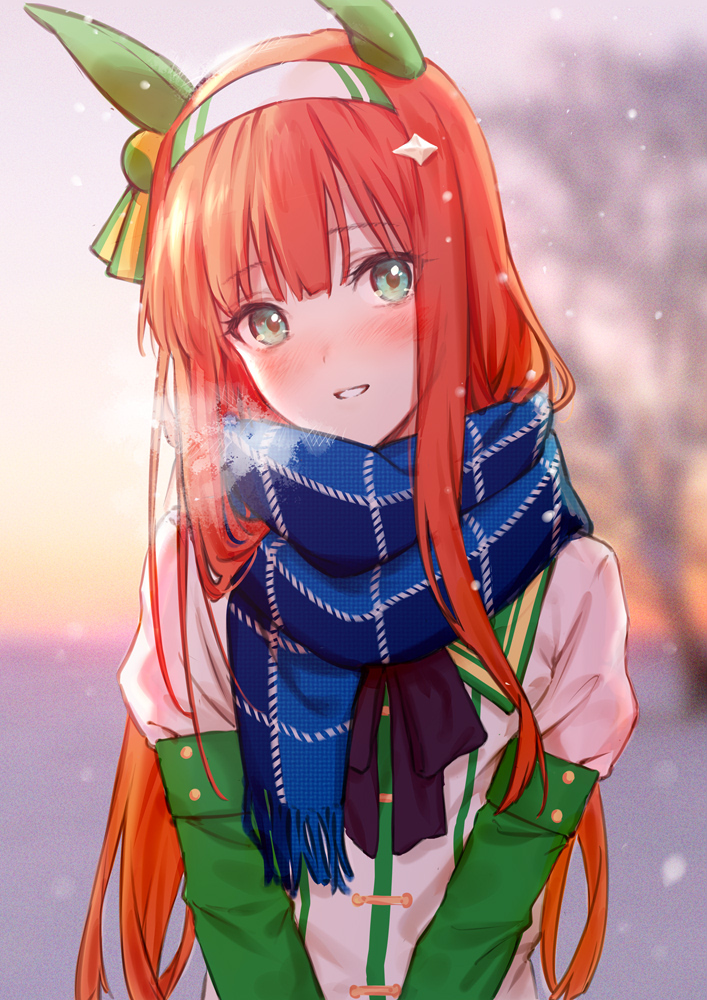 1girl animal_ears bangs blue_scarf blunt_bangs commentary_request eyebrows_visible_through_hair green_eyes horse_ears horse_girl light_smile long_hair long_sleeves looking_at_viewer orange_hair plaid plaid_scarf puffy_short_sleeves puffy_sleeves saboten scarf short_sleeves silence_suzuka_(umamusume) solo umamusume upper_body