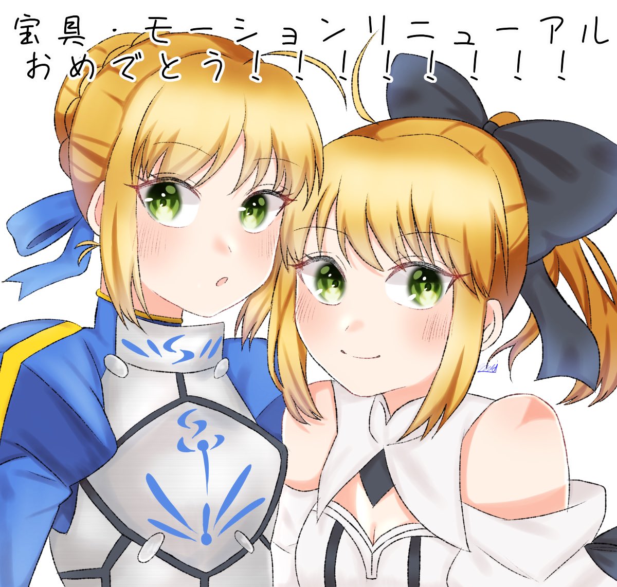 1girl 2girls ahoge amagi429114 armor armored_dress artoria_pendragon_(all) black_bow blonde_hair blue_ribbon blue_sky bow breastplate breasts cleavage_cutout clothing_cutout dress dual_persona eyebrows_visible_through_hair fate/grand_order fate/stay_night fate/unlimited_codes fate_(series) faulds floating_hair gauntlets gloves green_eyes hair_between_eyes hair_bow hair_bun hair_ribbon hands_on_hilt highres juliet_sleeves long_hair long_sleeves looking_at_viewer medium_breasts multiple_girls nekodaruma_new outdoors petals ponytail puffy_sleeves ribbon saber saber_lily signature sleeveless sleeveless_dress smile standing white_dress white_gloves