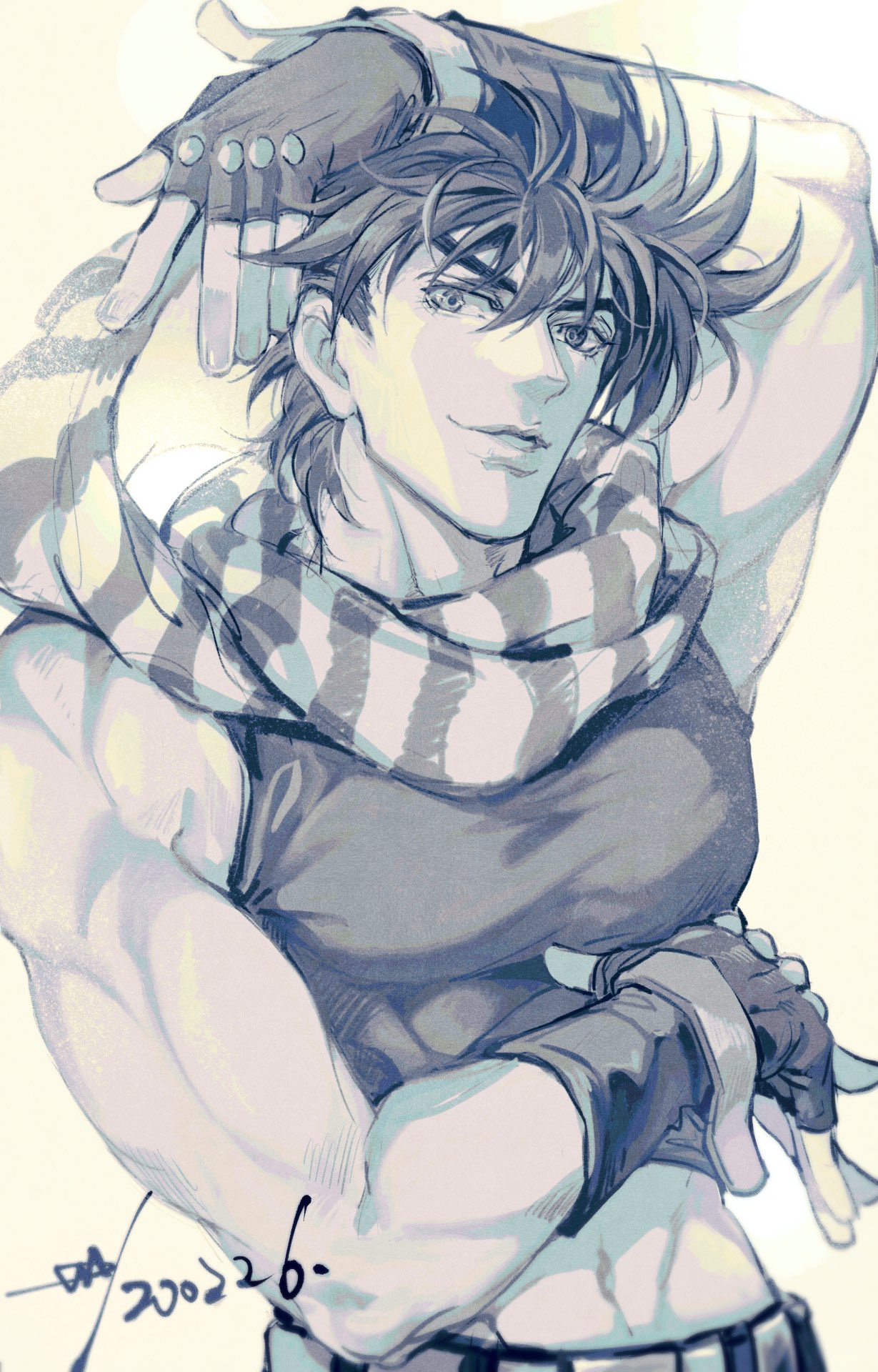 1boy bare_shoulders battle_tendency crop_top fighting_stance fingerless_gloves gloves highres jojo_no_kimyou_na_bouken joseph_joestar joseph_joestar_(young) male_focus midriff monochrome sashiyu scarf solo striped striped_scarf