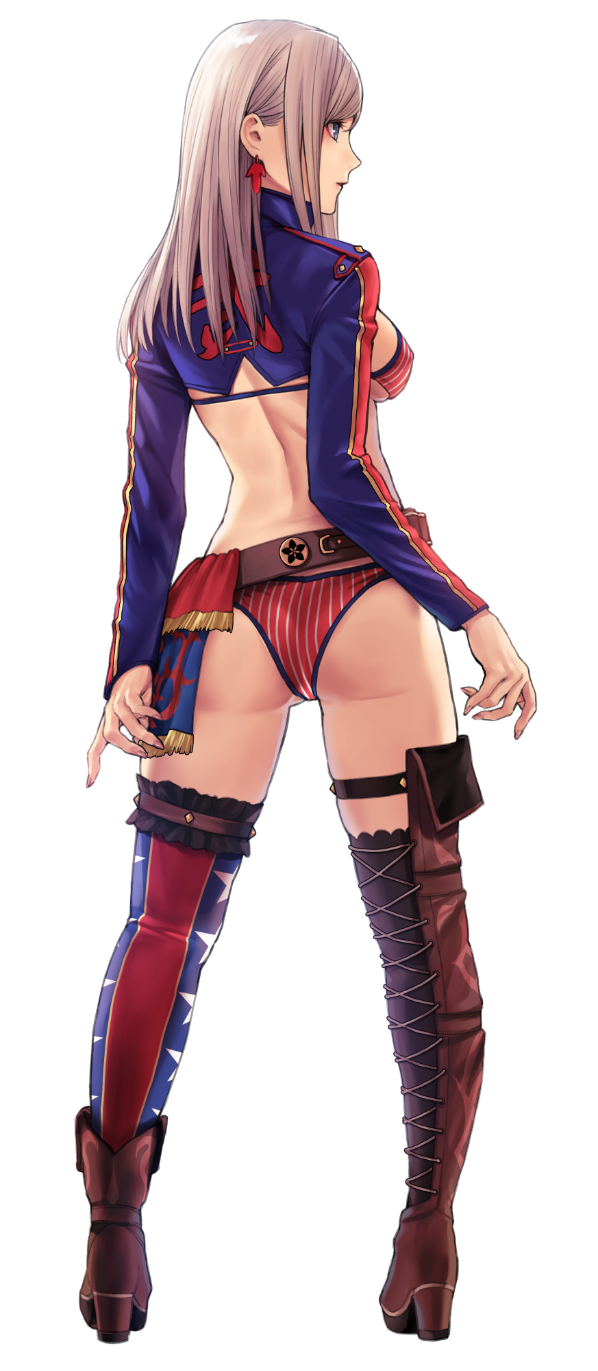 1girl applekun ass asymmetrical_footwear asymmetrical_legwear breasts commentary earrings fate/grand_order fate_(series) from_behind full_body highres holding jewelry large_breasts leather_belt mismatched_footwear mismatched_legwear miyamoto_musashi_(fate) miyamoto_musashi_(swimsuit_berserker)_(fate) pink_hair sheath sheathed shrug_(clothing) sideboob solo thigh-highs two-tone_swimsuit weapon