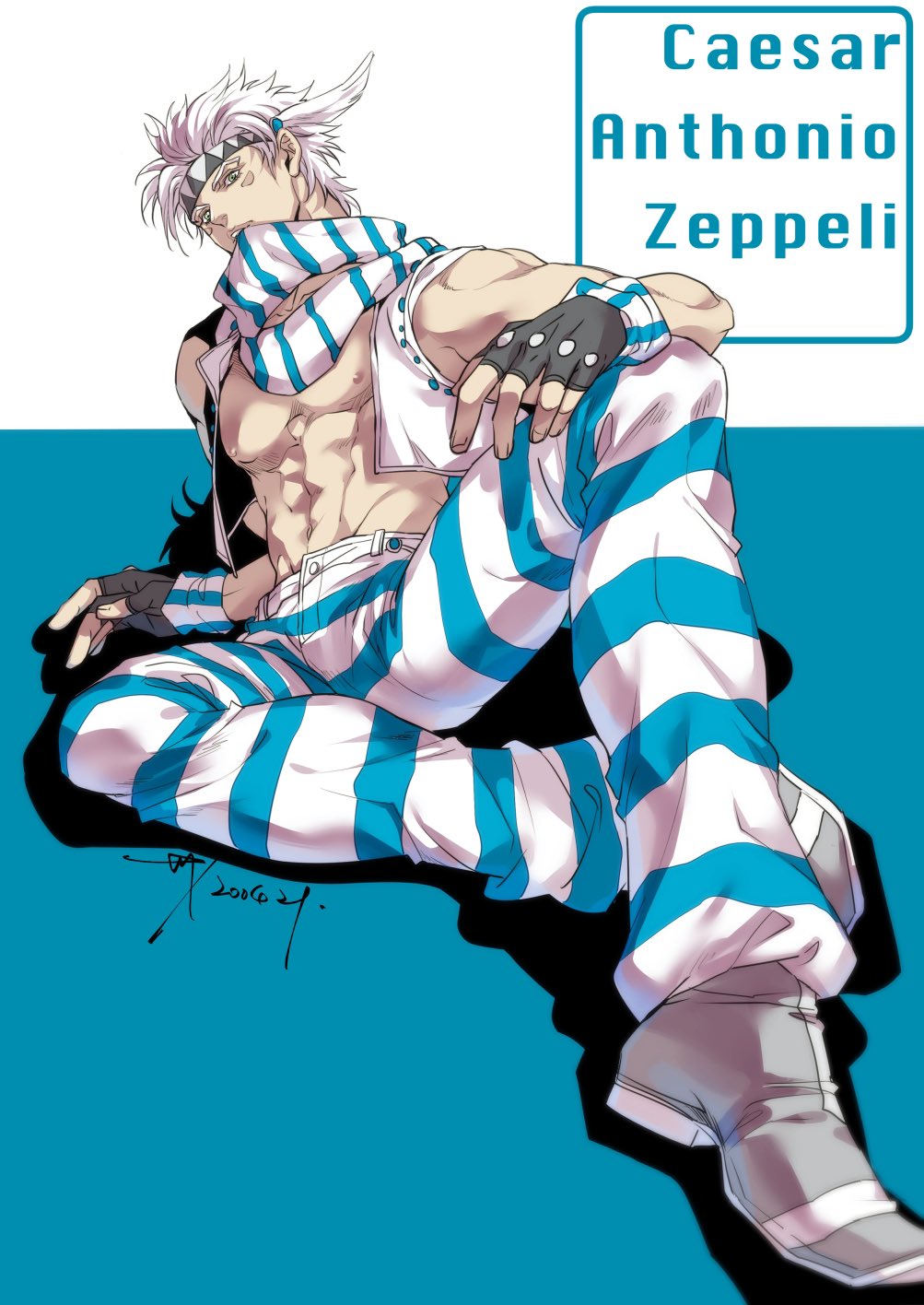 1boy abs bare_pectorals battle_tendency biting biting_clothes blue_eyes caesar_anthonio_zeppeli character_name facial_mark feather_hair_ornament feathers fingerless_gloves gloves hair_ornament headband highres jojo_no_kimyou_na_bouken male_focus muscular muscular_male pants pectorals sashiyu scarf signature solo striped striped_pants striped_scarf vest white_hair
