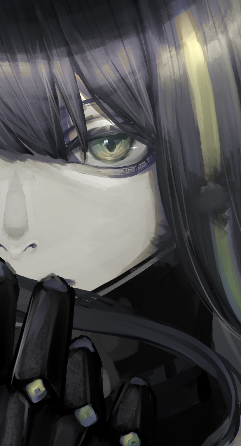 bangs black_hair brown_eyes close-up closed_mouth commentary english_commentary eyebrows girls_frontline green_hair grey_background hand_to_own_mouth highres long_hair looking_at_viewer m4a1_(girls'_frontline) mechanical_hands multicolored_background multicolored_hair nemuneeeeeeeemu scarf shiny sidelocks single_mechanical_hand streaked_hair white_background