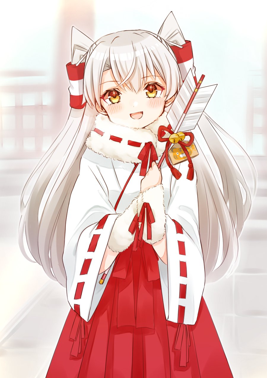 1girl amatsukaze_(kancolle) arrow_(projectile) bell blush cocoperino ema eyebrows_visible_through_hair hair_between_eyes hair_tubes hakama hamaya highres japanese_clothes jingle_bell kantai_collection long_hair long_sleeves miko open_mouth red_hakama ribbon-trimmed_sleeves ribbon_trim silver_hair smile solo two_side_up wide_sleeves windsock yellow_eyes
