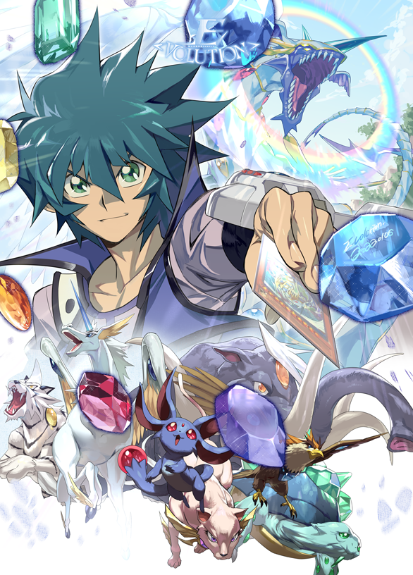 1boy bangs card cat cropped_torso crystal_beast_amber_mammoth crystal_beast_amethyst_cat crystal_beast_cobalt_eagle crystal_beast_emerald_tortoise crystal_beast_ruby_carbuncle crystal_beast_sapphire_pegasus crystal_beast_topaz_tiger dragon duel_academy_uniform_(yu-gi-oh!_gx) duel_monster e_volution extra_ears foreshortening gem green_eyes green_hair hair_between_eyes holding holding_card johan_andersen looking_at_viewer male_focus mammoth rainbow rainbow_dragon short_hair smile tiger tortoise turtle unicorn yu-gi-oh! yu-gi-oh!_gx