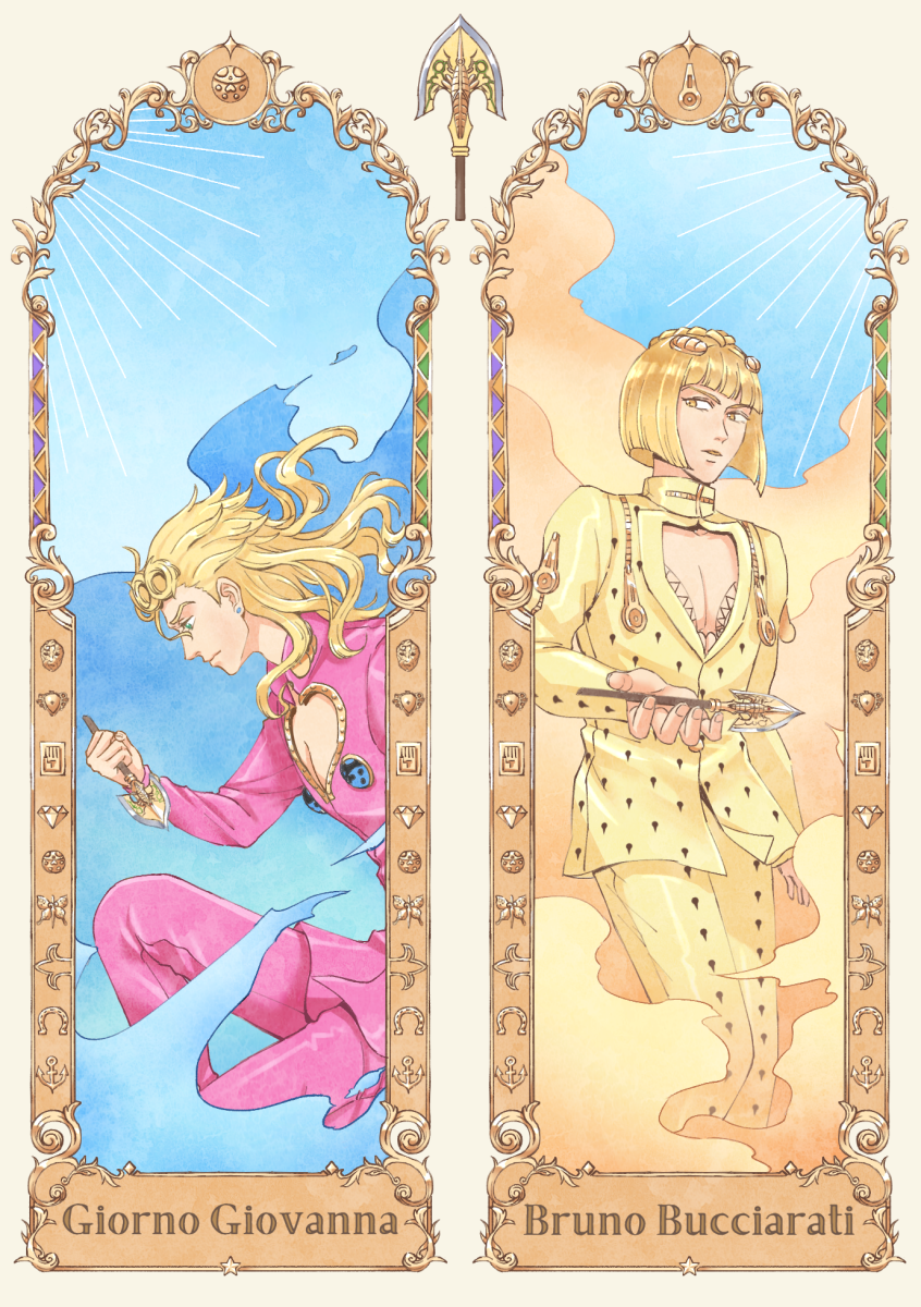 alternate_hair_color arrow_(jojo) arrow_(projectile) blonde_hair bob_cut bruno_buccellati bug character_name cleavage_cutout clothing_cutout clouds fuyuo_(k807120) giorno_giovanna hair_down hair_ornament hairclip highres holding holding_arrow jojo_no_kimyou_na_bouken kneeling ladybug long_hair sunlight vento_aureo zipper