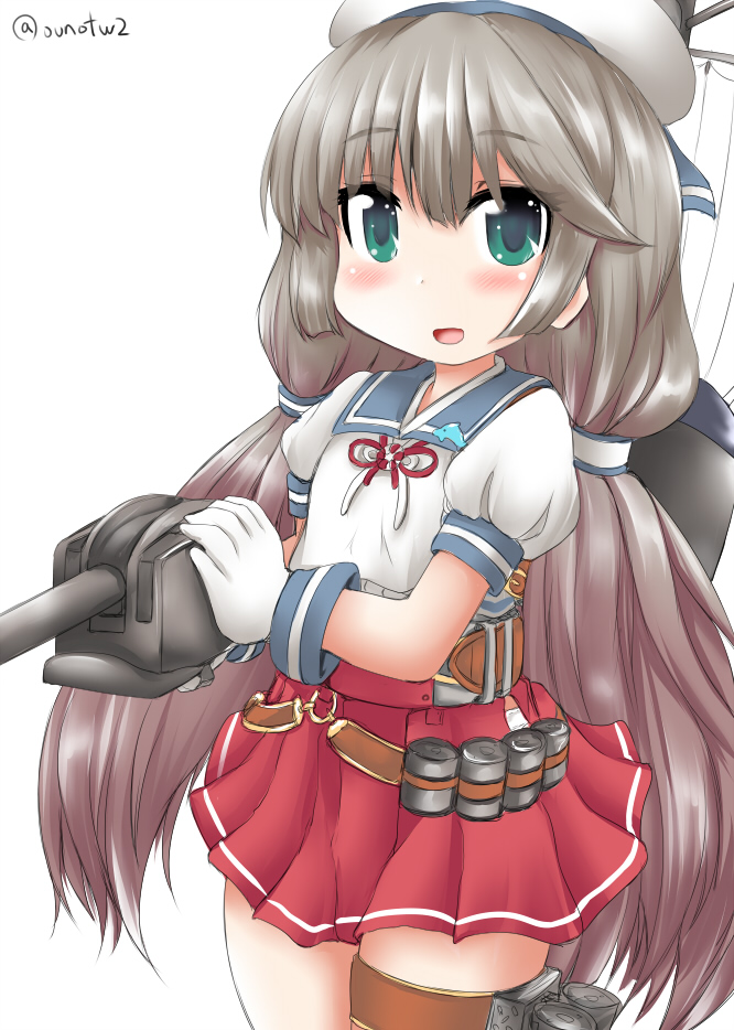 1girl adapted_turret blue_sailor_collar cannon gloves green_eyes grey_hair hat hip_vent kantai_collection long_hair low_twintails machinery mikura_(kancolle) one-hour_drawing_challenge ouno_(nounai_disintegration) pleated_skirt puffy_short_sleeves puffy_sleeves red_skirt sailor_collar sailor_hat sailor_shirt shirt short_sleeves simple_background skirt solo turret twintails twitter_username undershirt white_background white_gloves white_headwear white_shirt