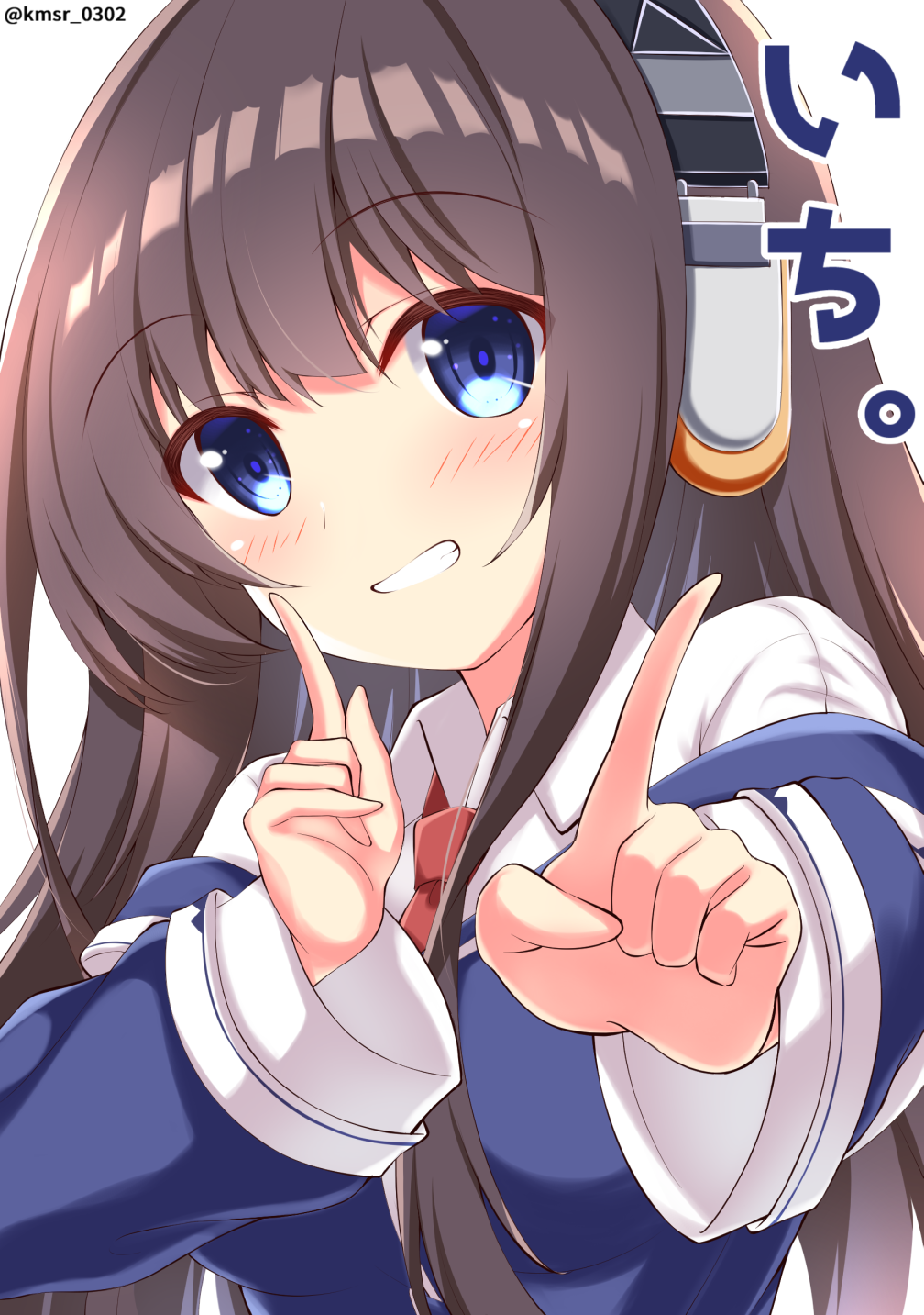 1girl azur_lane bangs blue_eyes blue_jacket blush brown_hair collar commentary_request eyebrows_visible_through_hair grin headphones highres index_fingers_raised jacket kamishiro_(rsg10679) koi_dance long_hair long_island_(azur_lane) long_sleeves looking_at_viewer necktie red_necktie shirt simple_background smile solo translation_request twitter_username upper_body very_long_hair white_background white_shirt wide_sleeves