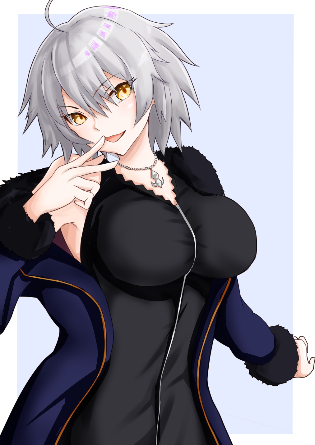 1girl ahoge bangs blush breasts closed_mouth coat crossed_arms facing_viewer fate/grand_order fate_(series) fur-trimmed_coat fur_trim hair_between_eyes highres jacket jeanne_d'arc_(alter)_(fate) jeanne_d'arc_(fate)_(all) jewelry large_breasts long_sleeves looking_at_viewer necklace pout shirt short_hair silver_hair solo wicked_dragon_witch_ver._shinjuku_1999 yellow_eyes yuusaku_(pixiv4367059)