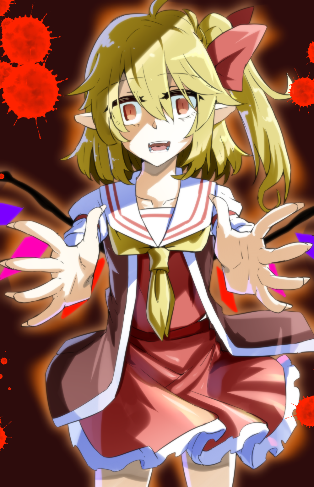 1girl ascot bangs blonde_hair blood commentary crystal dress empty_eyes flandre_scarlet hair_ribbon highres manekinekoppoi_inu outstretched_arms red_dress red_eyes ribbon spread_arms tagme touhou vampire wings yellow_ascot