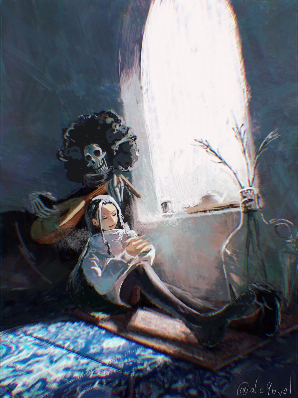 afro alcohol_(alc96vol) black_hair brook closed_eyes highres holding holding_instrument indoors instrument nico_robin one_piece pantyhose skeleton smile sweater window