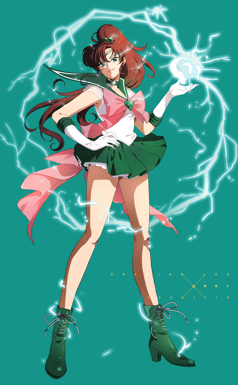 1girl back_bow bishoujo_senshi_sailor_moon bow brown_hair choker drawing_lee earrings elbow_gloves gloves green_eyes green_sailor_collar green_skirt hair_bobbles hair_ornament happy_birthday high_ponytail jewelry long_hair looking_at_viewer miniskirt pink_lips pink_neckwear pleated_skirt rose_earrings sailor_collar sailor_jupiter sailor_senshi_uniform shirt short_sleeves signature simple_background skirt solo white_gloves white_shirt