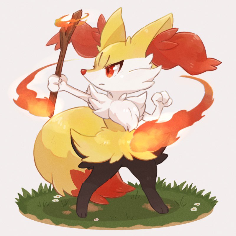 braixen closed_mouth commentary_request fire flower full_body grass holding holding_stick looking_to_the_side oniwa_nwai orange_eyes pokemon pokemon_(creature) solo standing stick white_background white_flower white_fur