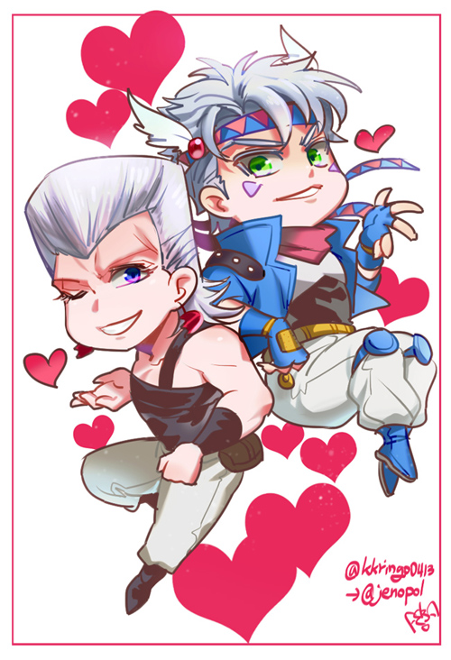 2boys anzumame battle_tendency blowing_kiss blue_eyes blue_jacket caesar_anthonio_zeppeli chibi earrings feather_hair_ornament feathers fingerless_gloves gloves green_eyes grey_hair hair_ornament headband heart jacket jean_pierre_polnareff jewelry jojo_no_kimyou_na_bouken knee_pads male_focus multiple_boys one_eye_closed pink_scarf scarf silver_hair stardust_crusaders time_paradox trait_connection triangle_print violet_eyes