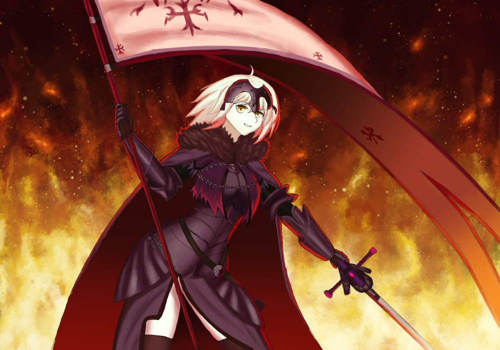1girl absurdres armor blonde_hair chain fate/grand_order fate_(series) flag gauntlets highres holding holding_flag holding_sword holding_weapon jdrawn jeanne_d'arc_(alter)_(fate) jeanne_d'arc_(fate)_(all) parted_lips pauldrons planted planted_sword planted_weapon scabbard sheath short_hair shoulder_armor signature solo sword torn_clothes weapon yellow_eyes
