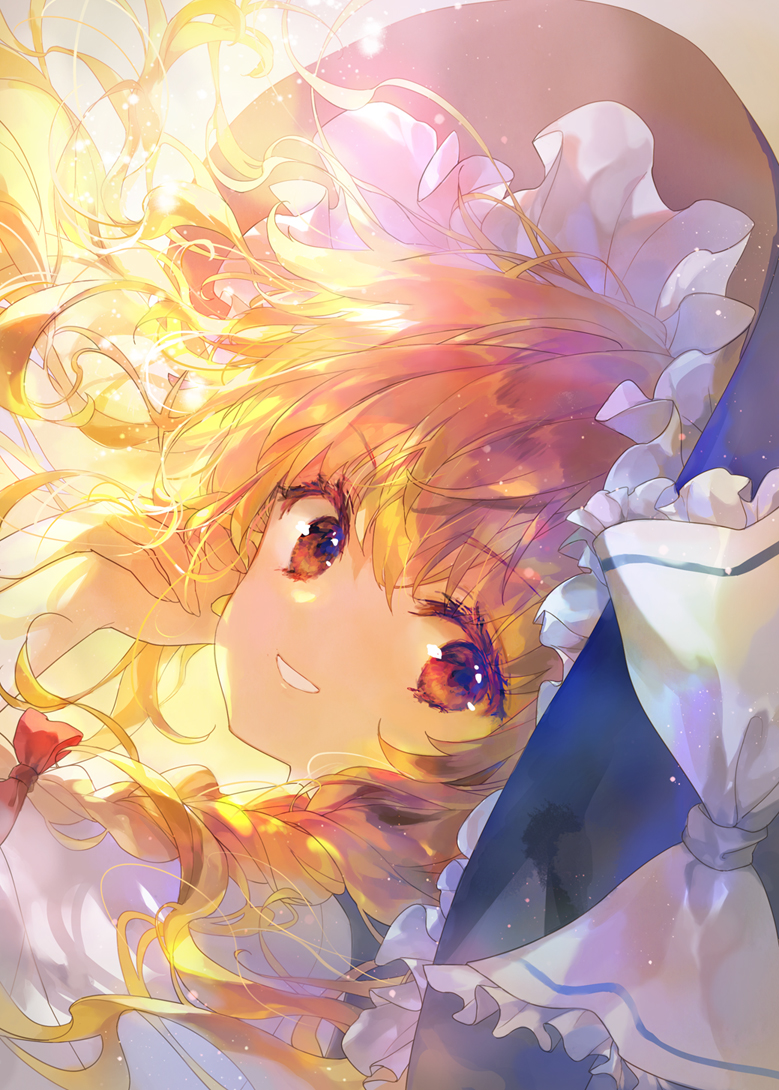 1girl 888myrrh888 bangs black_headwear black_vest blonde_hair blush bow braid brown_eyes commentary_request dress eyebrows_visible_through_hair frills grin hair_between_eyes hair_bow hands_up hat hat_bow kirisame_marisa light long_hair looking_at_viewer own_hands_together red_bow shirt short_sleeves single_braid smile solo teeth touhou upper_body vest white_bow white_shirt witch_hat
