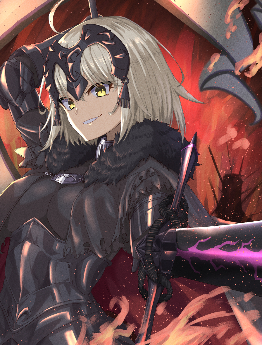 1girl absurdres armor blonde_hair chain fate/grand_order fate_(series) flag gauntlets highres holding holding_flag holding_sword holding_weapon jeanne_d'arc_(alter)_(fate) jeanne_d'arc_(fate)_(all) kohaku_telu parted_lips pauldrons planted planted_sword planted_weapon scabbard sheath short_hair shoulder_armor signature solo sword torn_clothes weapon yellow_eyes