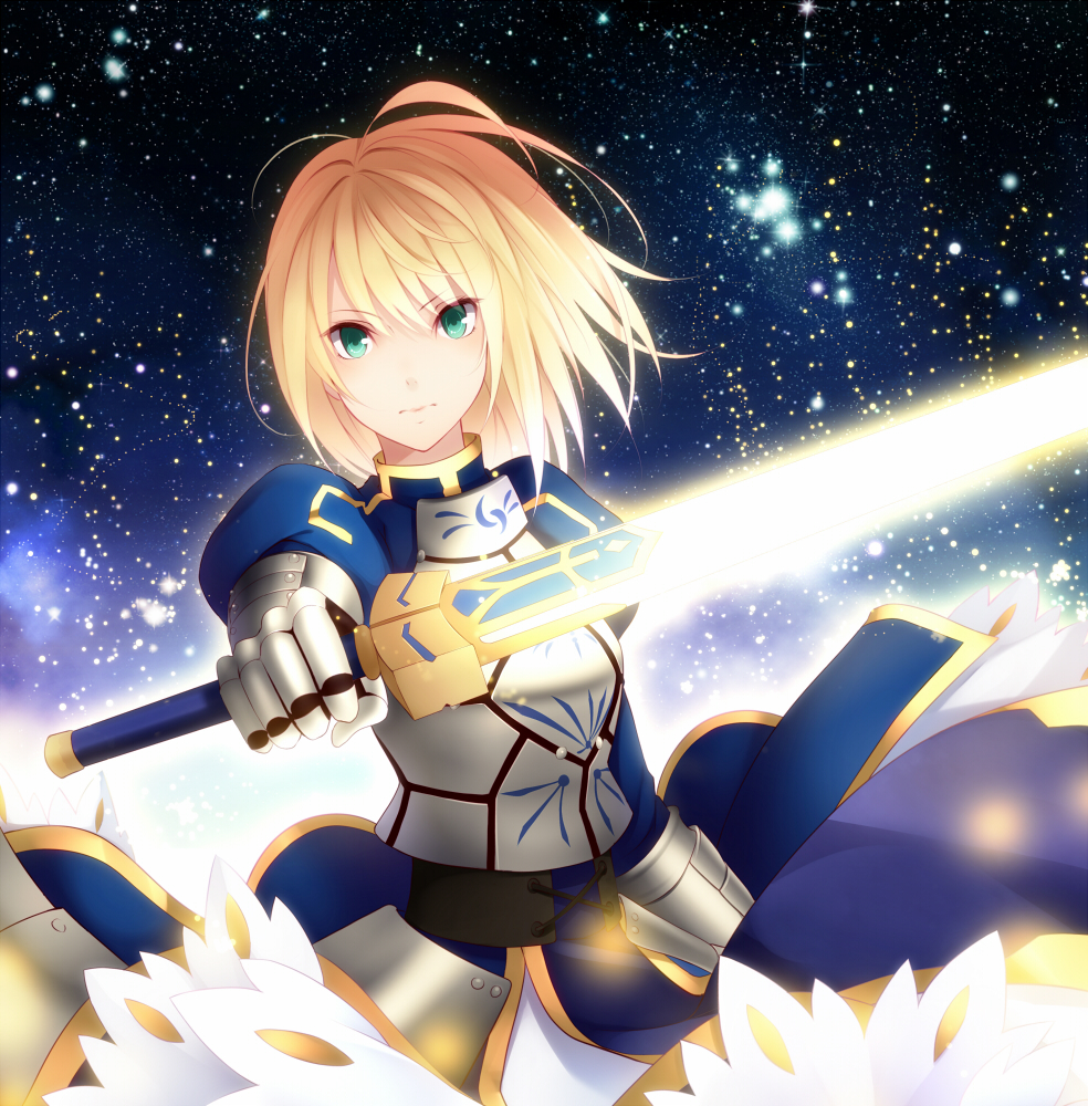 1girl ahoge artoria_pendragon_(all) artoria_pendragon_(fate) blonde_hair blue_ribbon breasts cleavage_cutout clothing_cutout excalibur_(fate/stay_night) fate/grand_order fate/stay_night fate_(series) green_eyes hair_bun hair_ribbon holding holding_weapon juliet_sleeves kujouitiso long_sleeves medium_breasts puffy_sleeves ribbon saber solo sword weapon