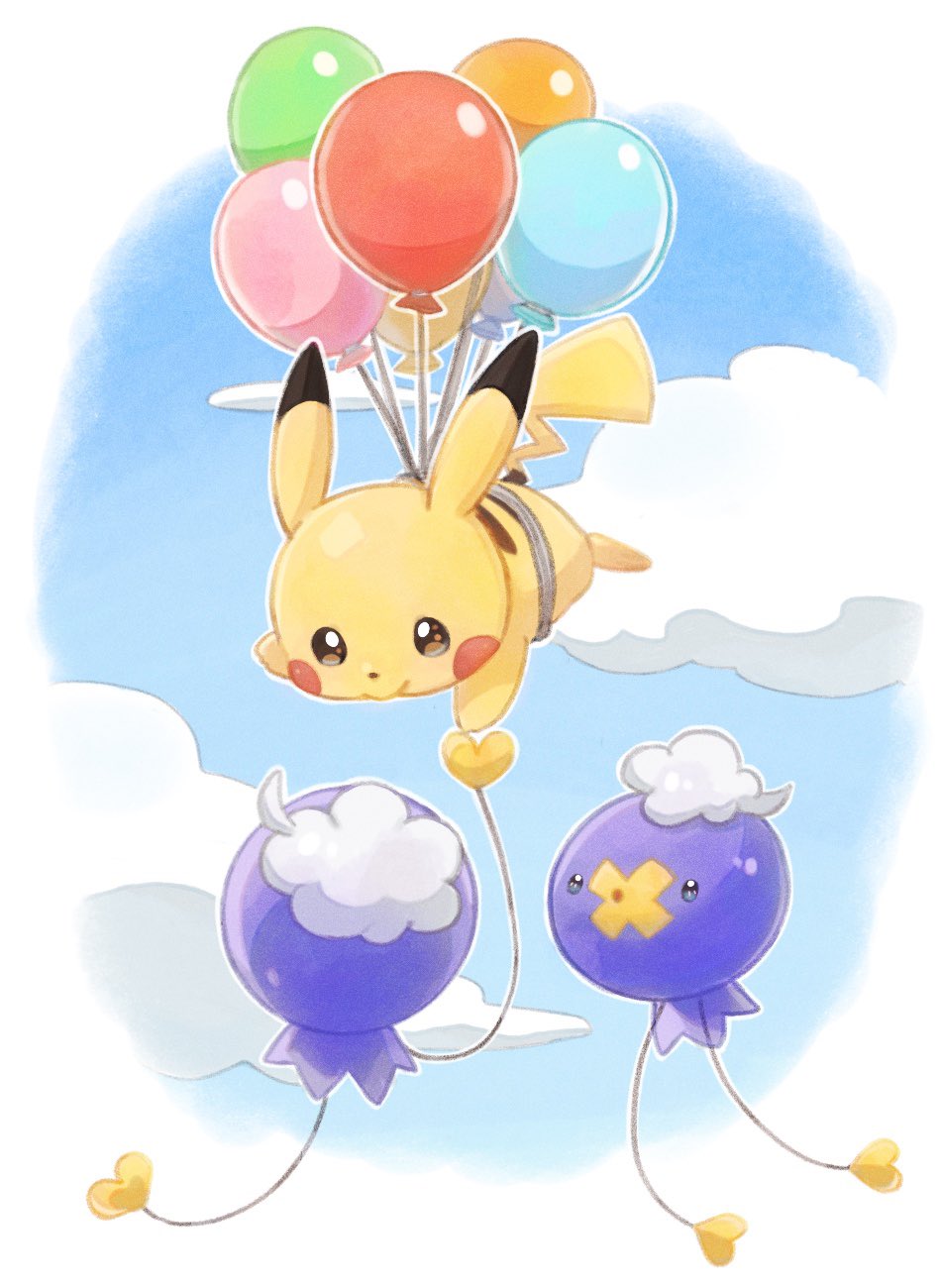 balloon brown_eyes closed_mouth clouds commentary_request day drifloon floating highres looking_down no_humans oniwa_nwai outdoors pikachu pokemon pokemon_(creature)