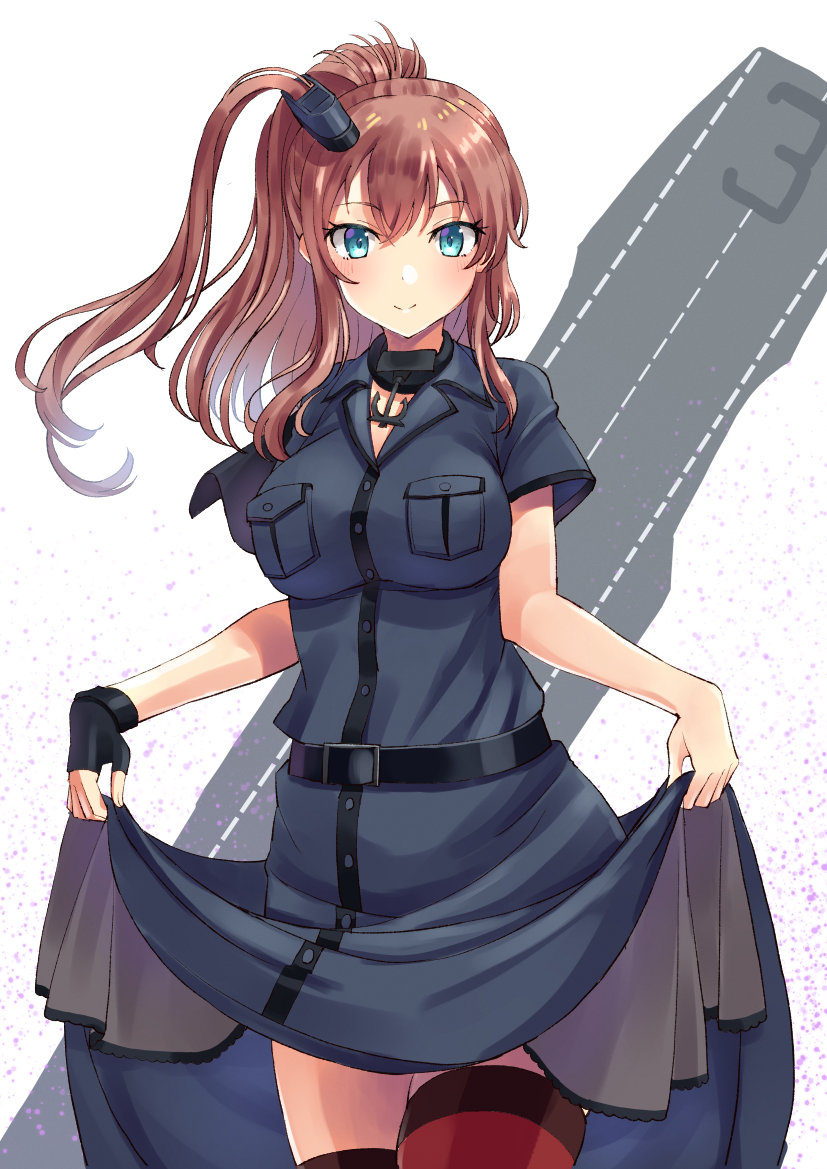 1girl anchor black_dress black_gloves blue_eyes breast_pocket breasts brown_hair dress fingerless_gloves flight_deck gloves hair_between_eyes kantai_collection large_breasts looking_at_viewer mayura2002 pocket ponytail red_legwear saratoga_(kancolle) saratoga_mk_ii_(kancolle) side_ponytail sidelocks simple_background single_glove skirt_hold smokestack smokestack_hair_ornament solo thigh-highs white_background