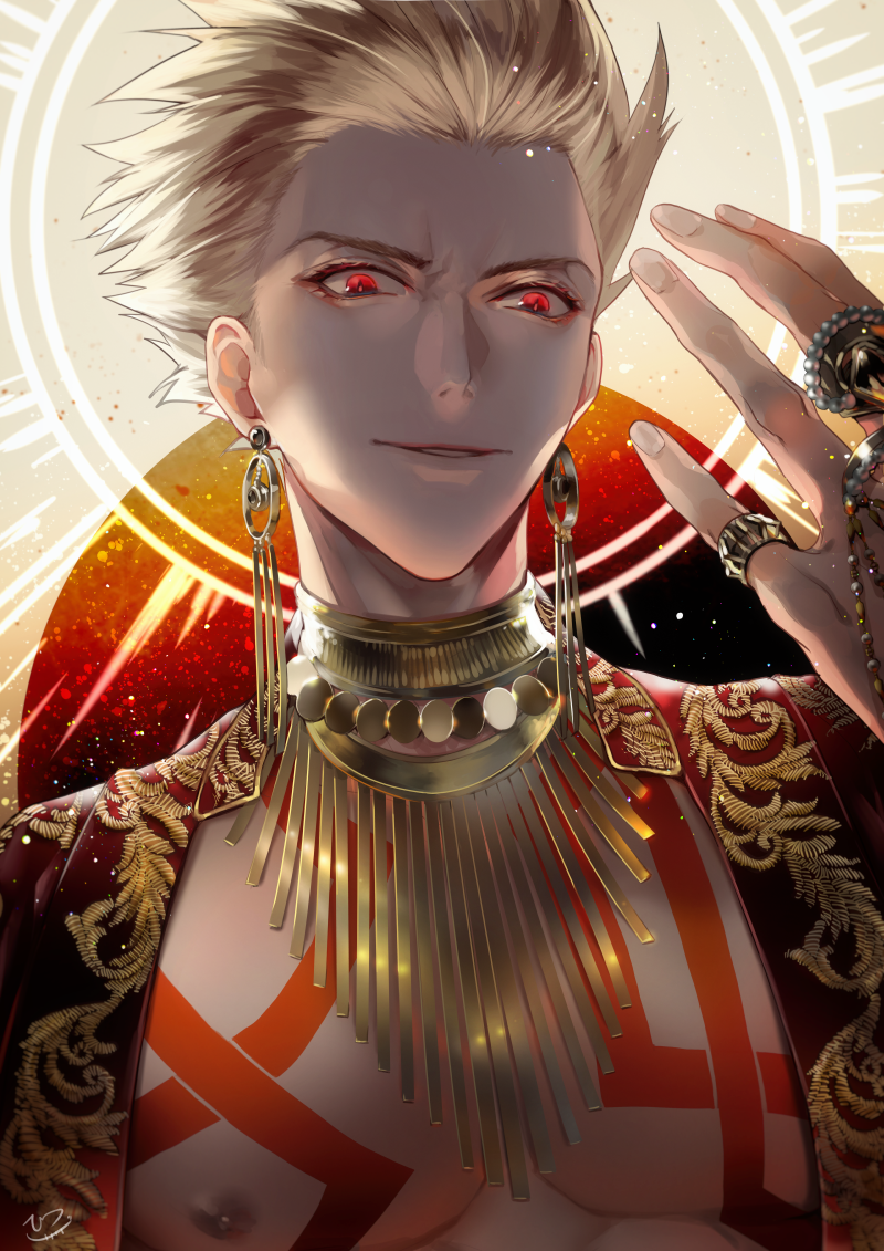 1boy arabian arabian_clothes bare_pectorals blonde_hair earrings fate/grand_order fate_(series) gilgamesh_(fate) jewelry looking_at_viewer male_focus necklace pectorals red_eyes ring sakura_hitsuji short_hair signature smile solo spiky_hair upper_body