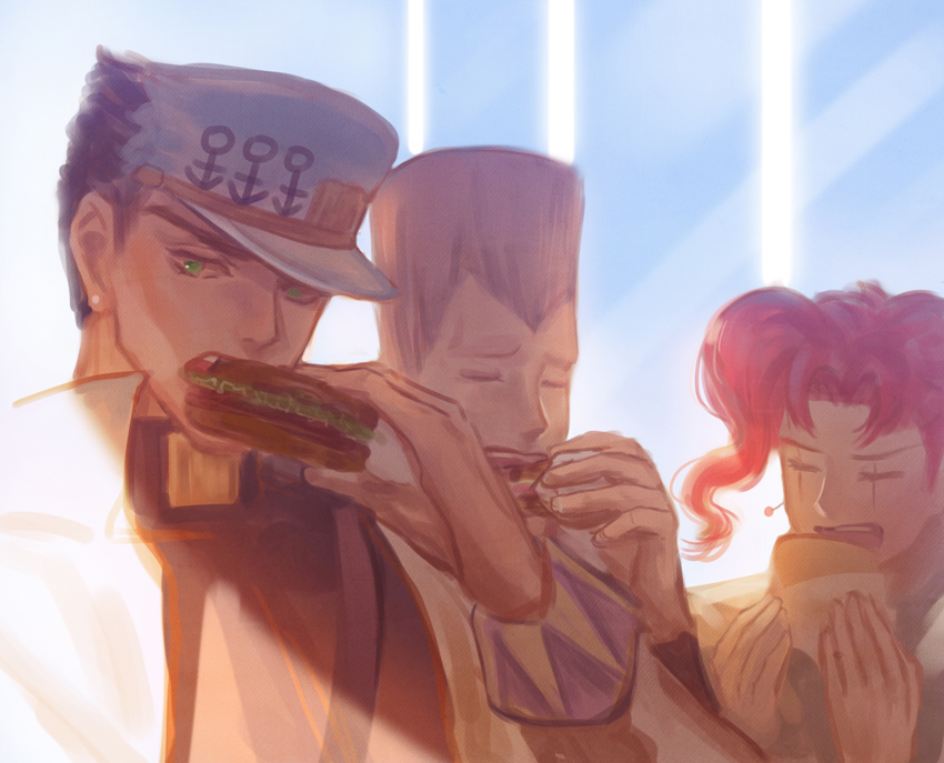 3boys diamond_wa_kudakenai eating food grey_hair hat jacket jean_pierre_polnareff jojo_no_kimyou_na_bouken kakyoin_noriaki kankito kujo_jotaro multiple_boys pink_hair redhead sandwich scar scar_across_eye white_jacket widow's_peak