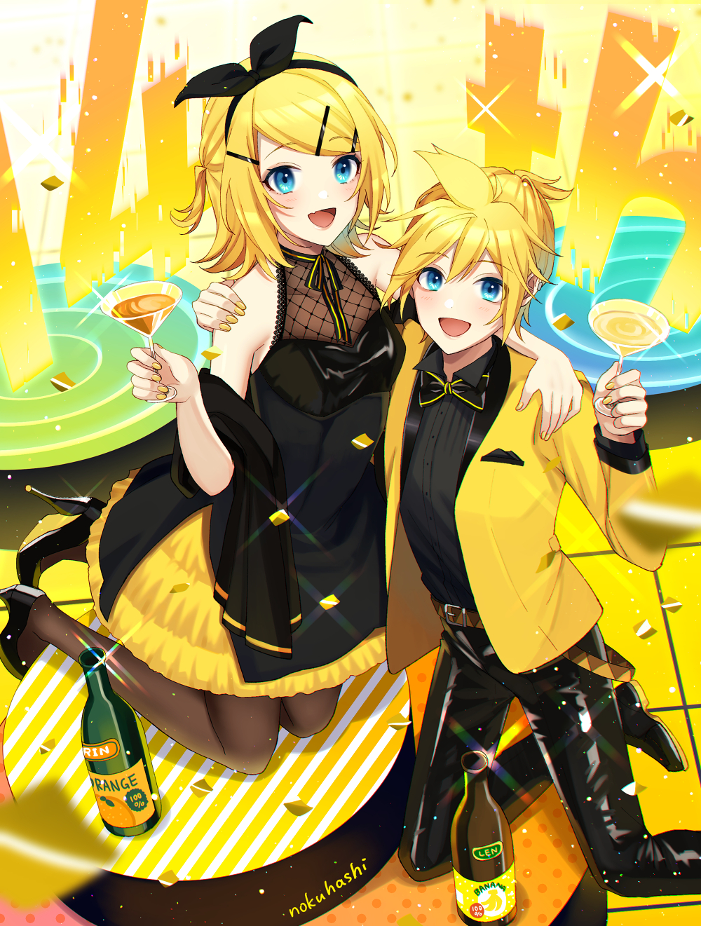:d blonde_hair blue_eyes bow cup drinking_glass formal hair_bow hair_ornament hairclip hands_on_another's_shoulders highres kagamine_len kagamine_rin nokuhashi orange_juice ribbon short_hair smile suit vocaloid wine_glass