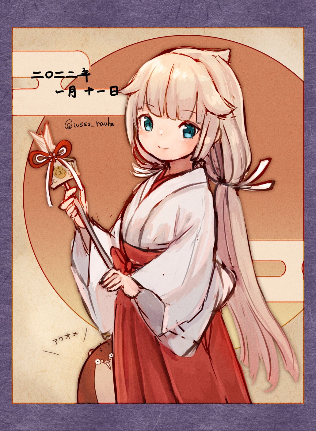 1girl alternate_costume arrow_(projectile) bokukawauso commentary_request dated green_eyes grey_hair hakama hamaya highres holding japanese_clothes kantai_collection long_hair low_twintails miko mikura_(kancolle) one-hour_drawing_challenge otter red_hakama smile twintails twitter_username wss_(nicoseiga19993411)