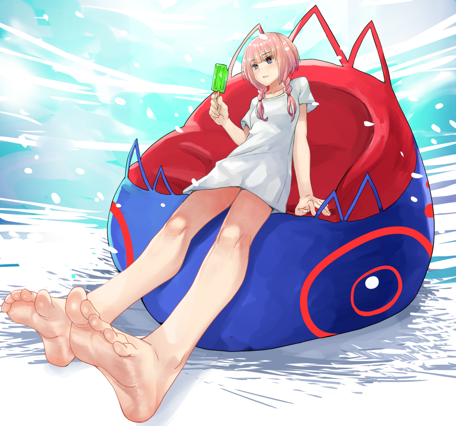 1girl barefoot blue_eyes braid commentary eiji_(eiji) feet food kaf_(kamitsubaki_studio) kamitsubaki_studio multicolored_eyes pink_hair popsicle sitting soles solo tagme toes twin_braids virtual_youtuber yellow_pupils