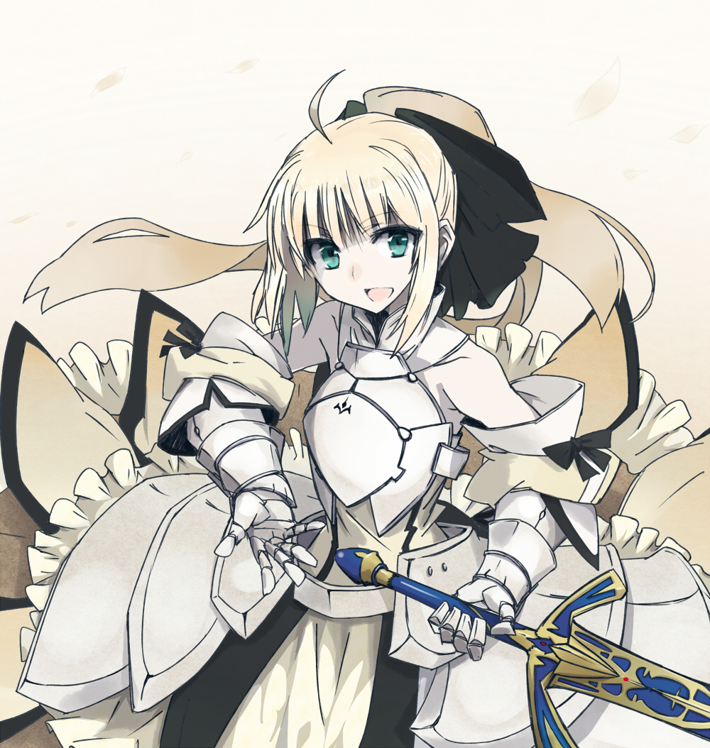 1girl armor armored_dress artoria_pendragon_(all) black_bow blonde_hair blue_sky bow breastplate caliburn dress eyebrows_visible_through_hair fate/grand_order fate/unlimited_codes fate_(series) faulds floating_hair gauntlets green_eyes hair_between_eyes hair_bow hands_on_hilt highres long_hair looking_at_viewer outdoors petals ponytail saber_lily signature sleeveless sleeveless_dress solo standing vane white_dress