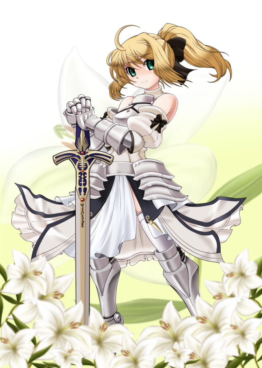 1girl armor armored_dress artoria_pendragon_(all) black_bow blonde_hair blue_sky bow breastplate caliburn dress eyebrows_visible_through_hair fate/grand_order fate/unlimited_codes fate_(series) faulds floating_hair gauntlets green_eyes hair_between_eyes hair_bow hands_on_hilt highres long_hair looking_at_viewer masakitchin outdoors petals ponytail saber_lily signature sleeveless sleeveless_dress solo standing white_dress